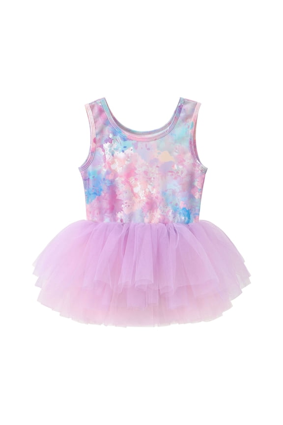 Kids Girls Ballet Dress Solid Color O-Neck Tutu Sleeveless Vest Colorful Layered Party Performance Leotard For Dance Recital Fashionable Flowy Children Sundress For Play Birthday Holiday