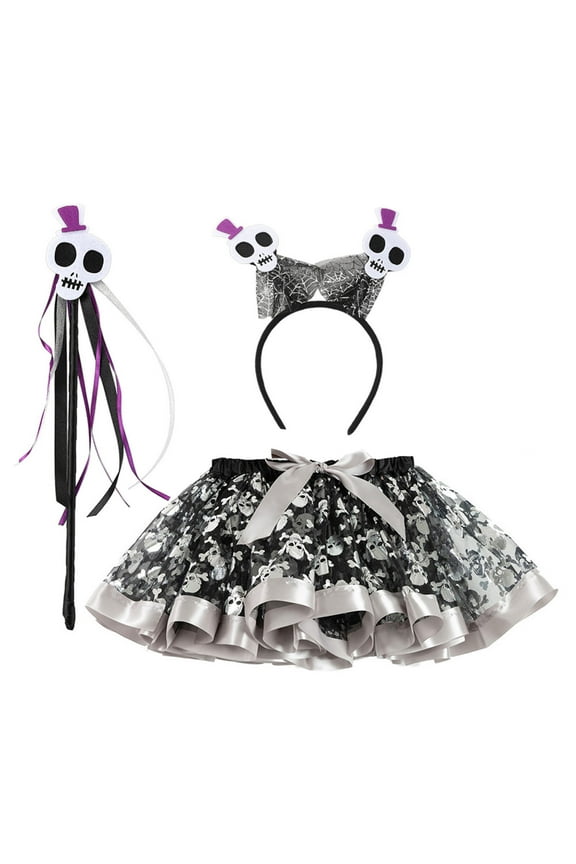 Kids Girls Ballet Skirts Hallowmas Party Prints Dance A-Line Skirt Hairband Set Versatile Child Christmas O-Neck Skirts