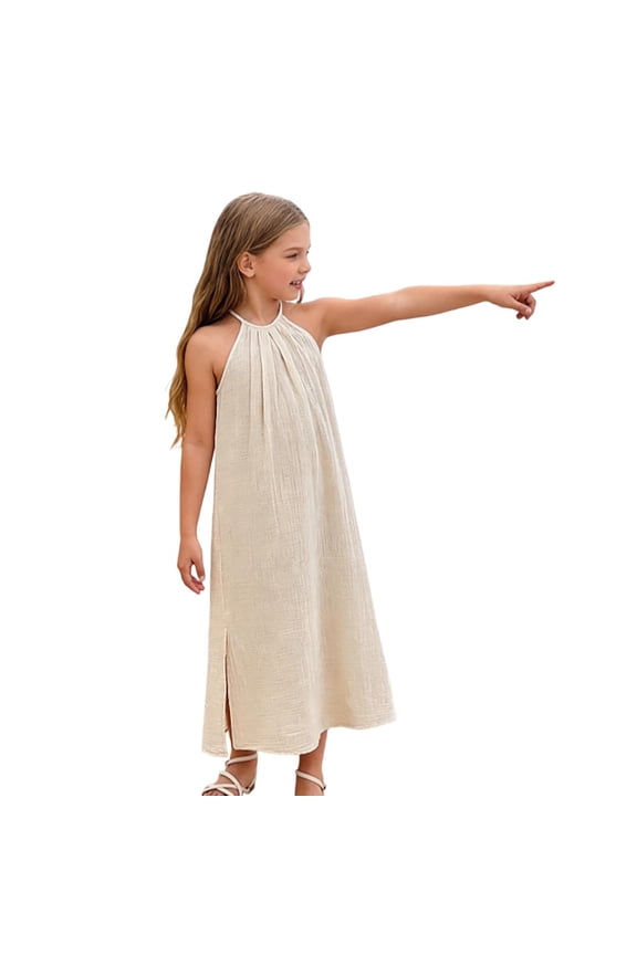 Kids Girls Casual Summer Dress Sleeveless Tank Knit Ribbed Solid Color Everyday Play Dress Trendy Flowy Children O-Neck Sundress For Play Party Birthday Holiday