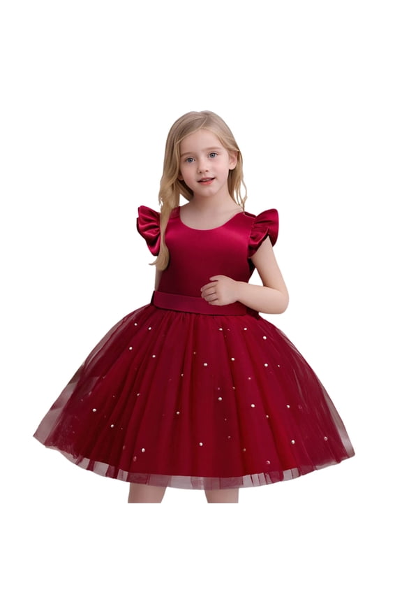 Kids Girls Formal Party Dress With Flutter Sleeves Pearl Gown Bow Detail Elegant Occasion Wear Fashionable Solid Color Children O-Neck Sundress For Play Birthday Casual