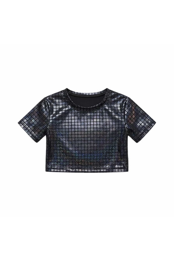 Kids Girls Grid Glitter Short Sleeve Crop Tops For Stage O-Neck Performance Casual Wear Back To School Birthday Blouses