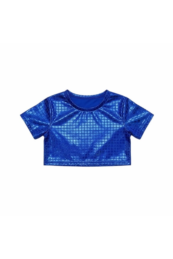 Kids Girls Grid Glitter Short Sleeve Crop Tops For Stage O-Neck Performance Casual Wear Back To School Versatile Blouses
