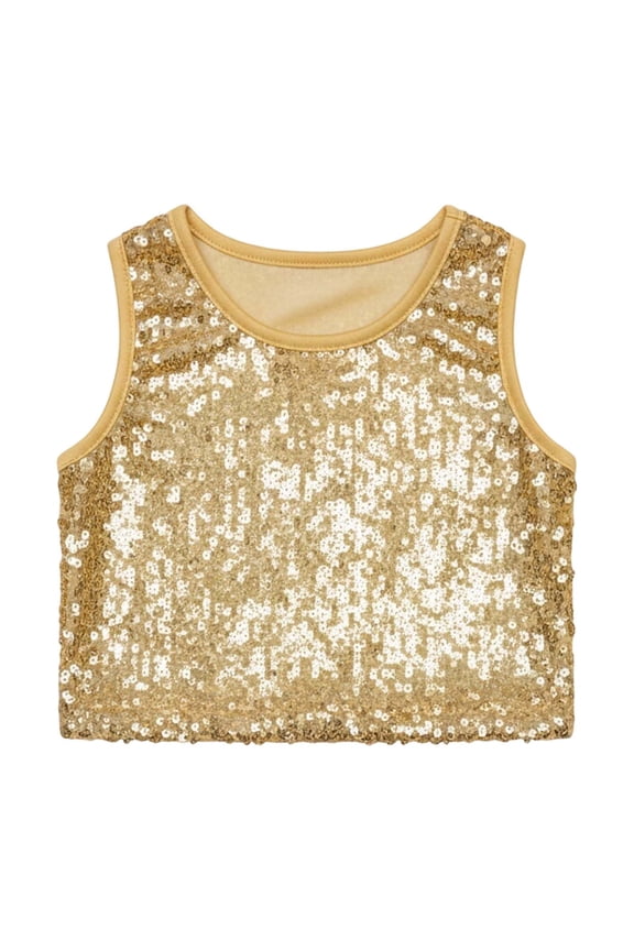 Kids Girls Performance Vest Stretch Sequin Tank Tops O-Neck For Holiday Choir Concert Stage Show Back To School Soft Blouses