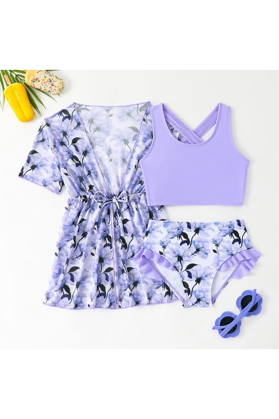 Kids Girls Swimwear Sets 3 Piece Outfit With Cover Up Bikini For Toddler Kids Beach Pool Party Summer Vacation Stylish Toddler Swim Wear