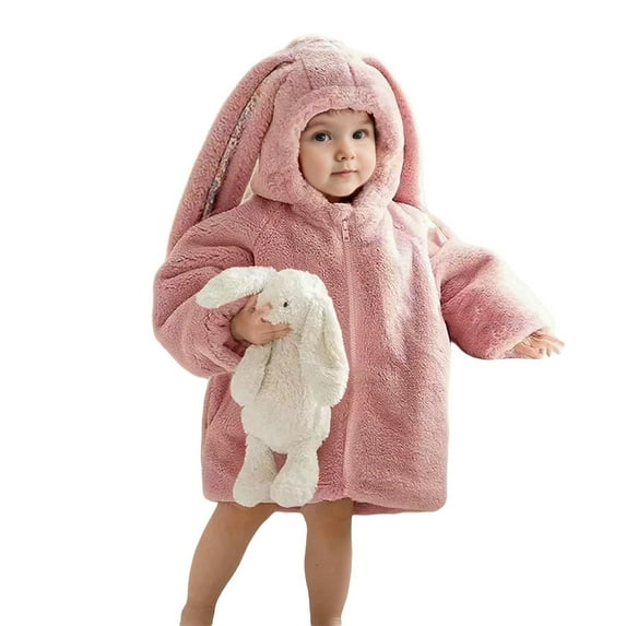 Hifoo Kids Long Sleeve Jackets Coats With Bunny Long Ears Winter Warm Cozy Outerwear Boys Girls Toddler Outerwear Soft Child Solid Color Clothing