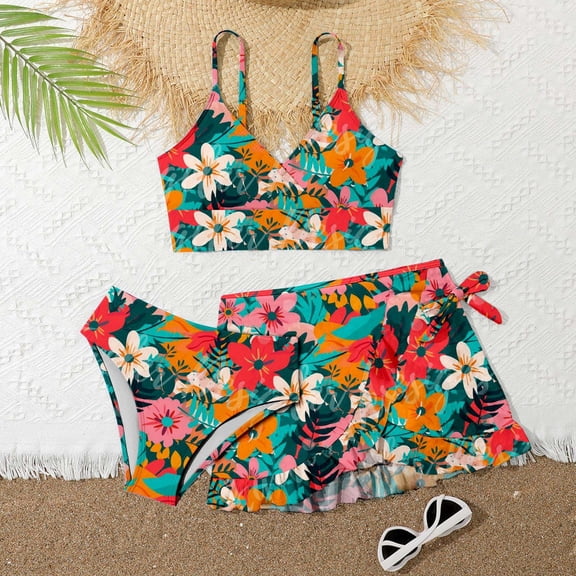 Hifoo Kids Swimwear Beach Floral Print 3 Piece Swimsuit Sets For Girls Stylish Summer Swimwear For Big Kids Tweens Cute Vacation Pool Beachwear