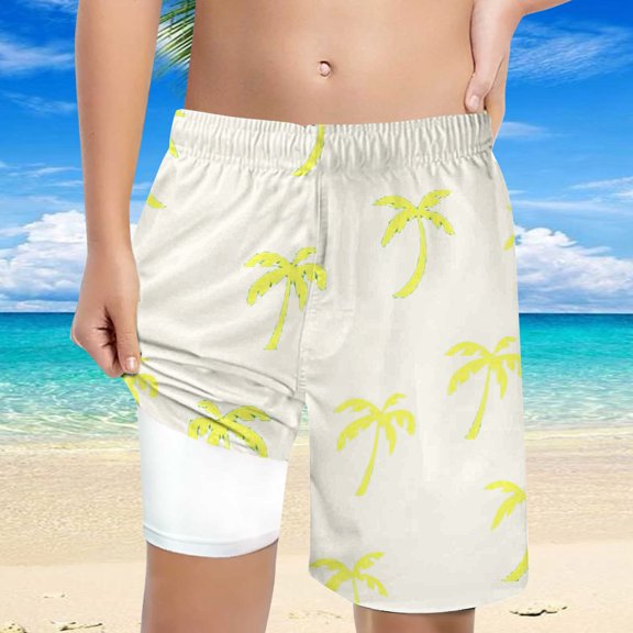 Hifoo Kids Swimwear Boys Coconut Tree Printed Swimming Shorts With Lace Up High Waisted Loose Casual Trunks Breathable Vacation Pool Beach Summer Bathing Suit