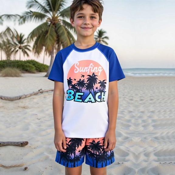 Hifoo Kids Swimwear Boys Two Piece Swimsuit Sets Coconut Tree Print Short Sleeve & Beach Shorts Quick Dry Swimwear For Toddler Kids (7 12 Years) Cute Vacation Pool Summer Beachwear