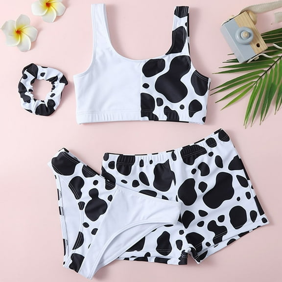 Hifoo Kids Swimwear Child Girls 4 Piece Swimsuits Bathing Suit Cow Print Bikini Tops Underpants Shorts Pant Hair Band Swimwear Sets Breathable Vacation Pool Beach Summer Swim Wear
