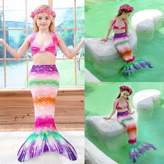 Hifoo Kids Swimwear Summer Child Girls Colorful Gradient Printed Three Piece Toddler Kids Swimsuit Bikini Versatile Vacation Pool Beach Swim Wear