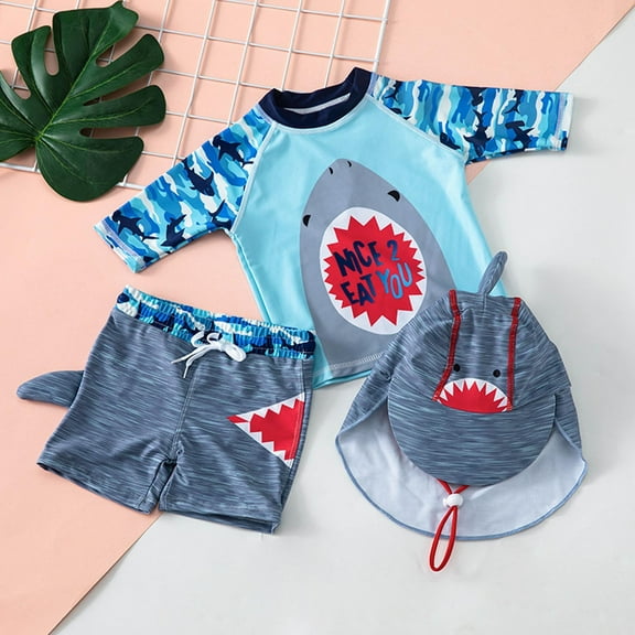 Hifoo Kids Swimwear Three Piece Baby Boys Swimsuit O-Neck Short Sleeve Cartoon Cute Toddler Student Breathable Vacation Pool Beach Summer Bathing Suit