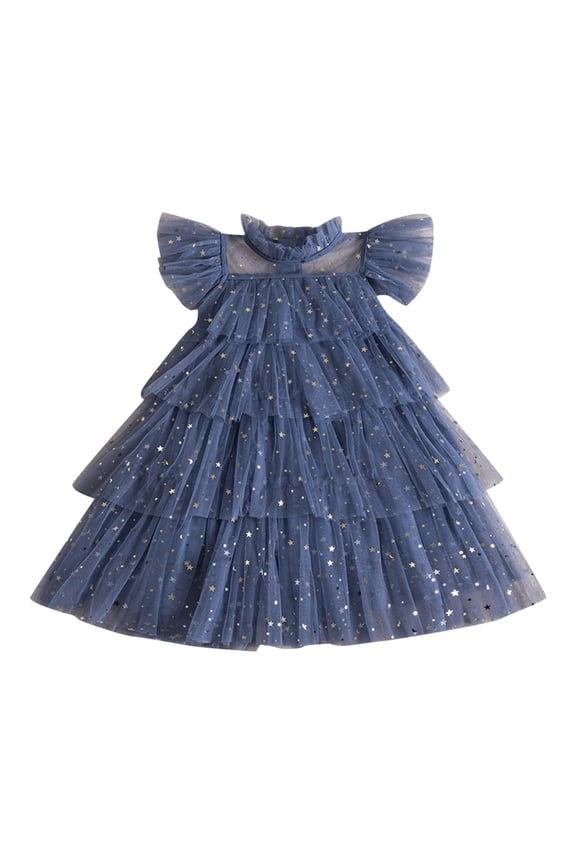 Kids Toddler Girls Fly Sleeve Star Sequin Dress Dance Party Ruffles Dresses Birthday Solid Color Children O-Neck Sundress For Play Holiday