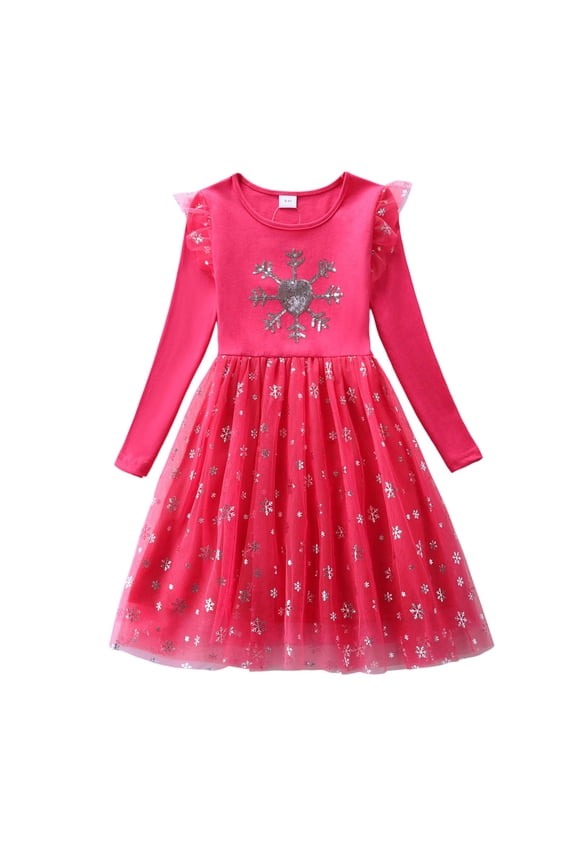 Long Sleeve Girls Party Dress Snowflake Embroidery Gown Holiday Winter Formal Occasions Special Events Boho Kids Christmas Solid Color O-Neck Dresses