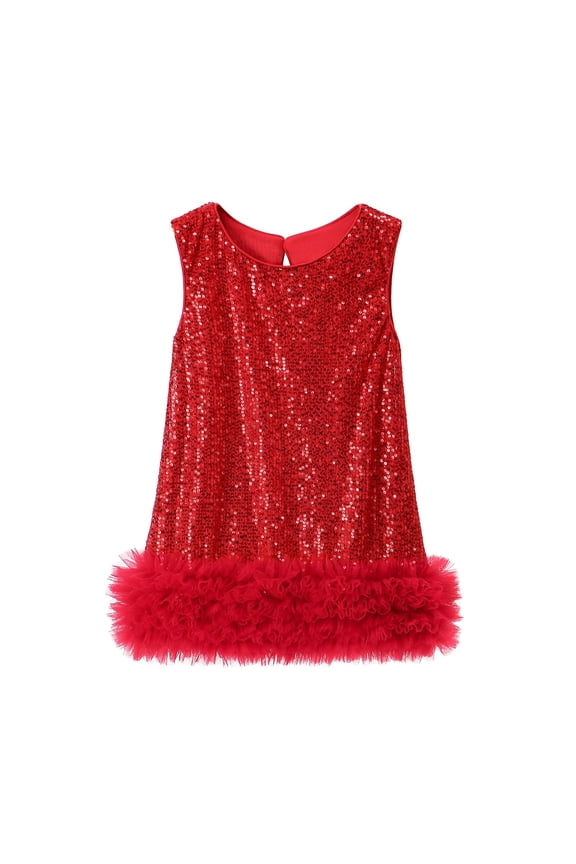 Mesh Vest Sleeveless Dress Girls Elegant Party Gown Autumn Layered Tutu With Glitter Detail Fashion Toddler Kids Frock Classic Child Christmas Solid Color O-Neck Dresses