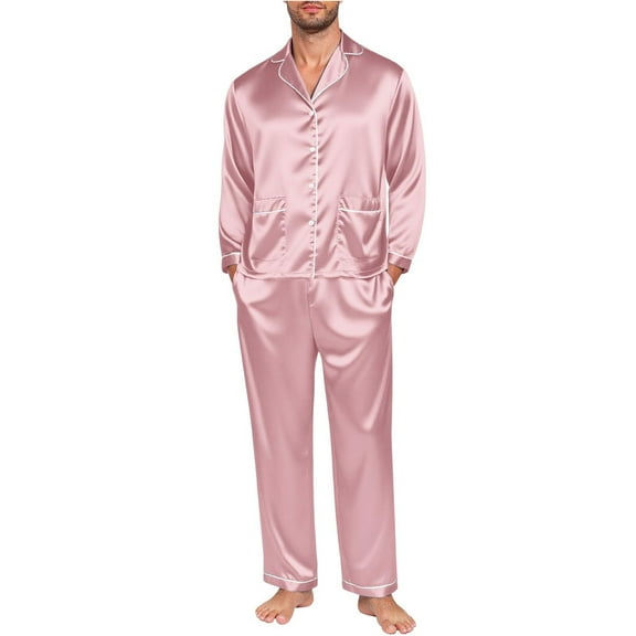 Hifoo Nightwear Men Family Pajamas Matching Home Long Sleeve Silk Like Lapel Button Blouse Tops Pants Satin Sleepwear Solid Color Two Piece Casual Loungewear Holiday Pjs Sets Birthday Homewear