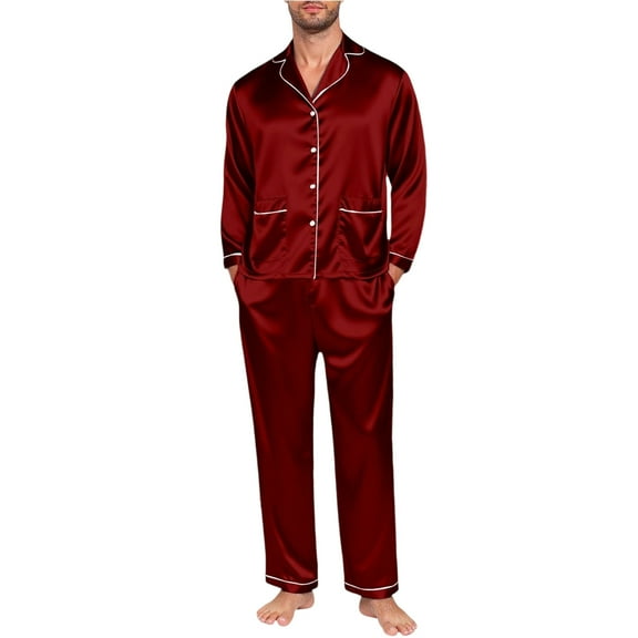 Hifoo Nightwear Men Family Pajamas Matching Home Long Sleeve Silk Like Lapel Button Blouse Tops Pants Satin Sleepwear Solid Color Two Piece Casual Loungewear Holiday Pjs Sets Breathable Homewear