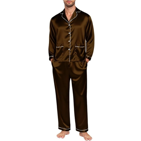 Hifoo Nightwear Men Family Pajamas Matching Home Long Sleeve Silk Like Lapel Button Blouse Tops Pants Satin Sleepwear Solid Color Two Piece Casual Loungewear Holiday Pjs Sets Comfort Homewear