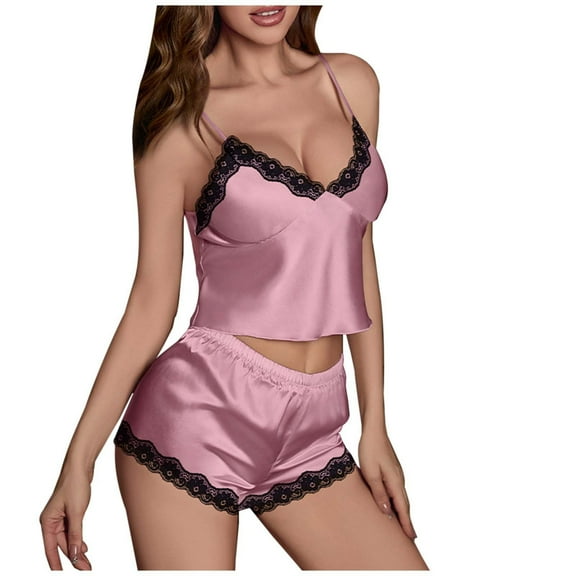 Hifoo Nightwear Summer Lace Camisole Pajama Sets For Women Sleeveless Tops With Built In Bra Pad & Shorts Solid Color Sleepwear Homewear Pjs Sets Relaxed Fit Casual O-Neck Loungewear