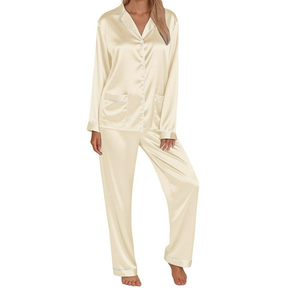 Hifoo Nightwear Women Family Pajamas Matching Long Sleeve Silk Like Lapel Button Blouse Tops Pants Satin Sleepwear Solid Color Two Piece Casual Loungewear Holiday Pjs Sets Relaxed Fit Homewear