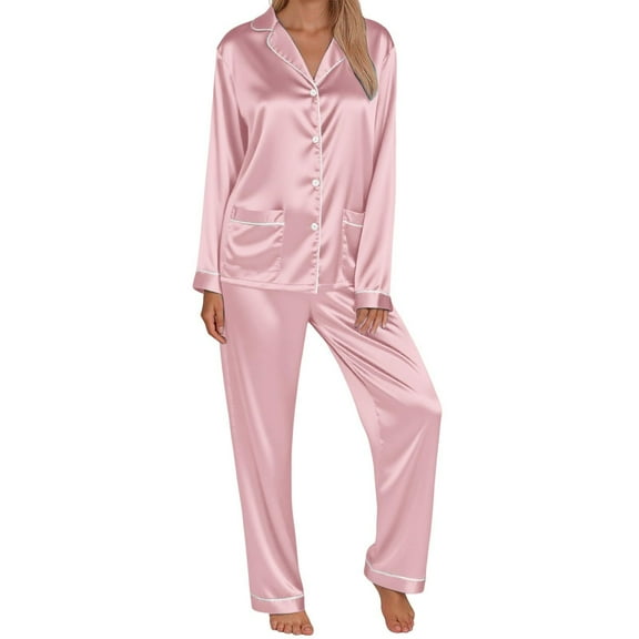 Hifoo Nightwear Women Family Pajamas Matching Long Sleeve Silk Like Lapel Button Blouse Tops Pants Satin Sleepwear Solid Color Two Piece Casual Loungewear Holiday Pjs Sets Holiday Homewear