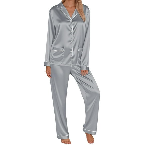 Hifoo Nightwear Women Family Pajamas Matching Long Sleeve Silk Like Lapel Button Blouse Tops Pants Satin Sleepwear Solid Color Two Piece Casual Loungewear Holiday Pjs Sets Classic Homewear