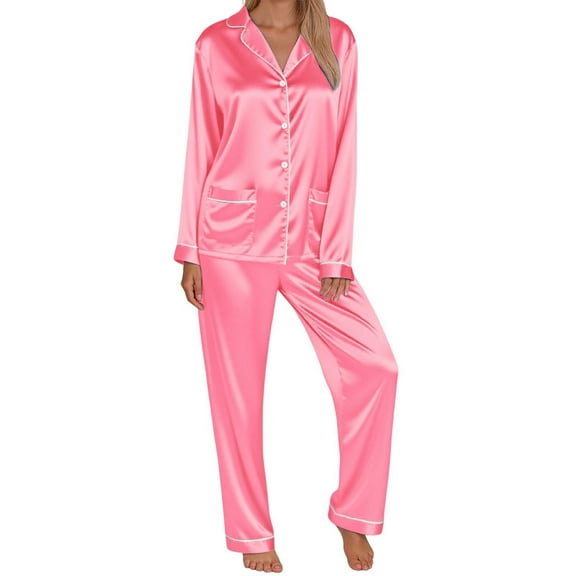 Hifoo Nightwear Women Family Pajamas Matching Long Sleeve Silk Like Lapel Button Blouse Tops Pants Satin Sleepwear Solid Color Two Piece Casual Loungewear Holiday Pjs Sets Fashionable Homewear