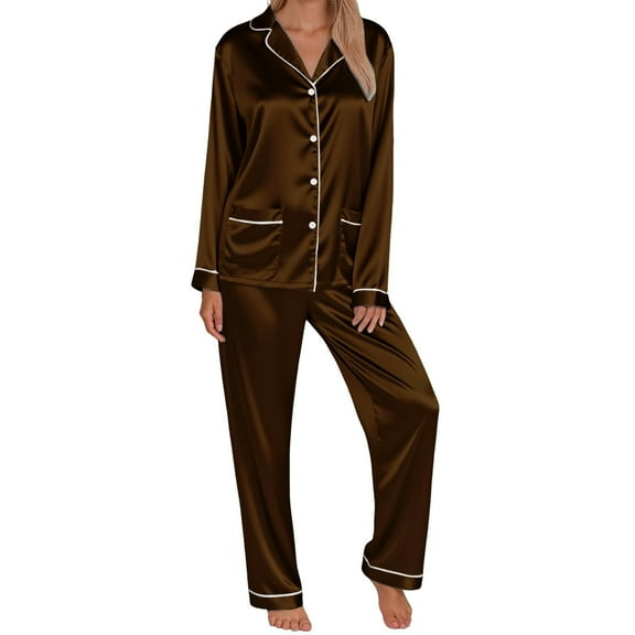 Hifoo Nightwear Women Family Pajamas Matching Long Sleeve Silk Like Lapel Button Blouse Tops Pants Satin Sleepwear Solid Color Two Piece Casual Loungewear Holiday Pjs Sets Stylish Homewear