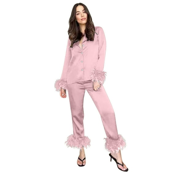 Hifoo Nightwear Women's Feather Trim Silk Satin Pajama Button Down Long Sleeve Shirts Tops Pants Sets Solid Color Sleepwear Casual Lapel Loungewear Breathable Homewear