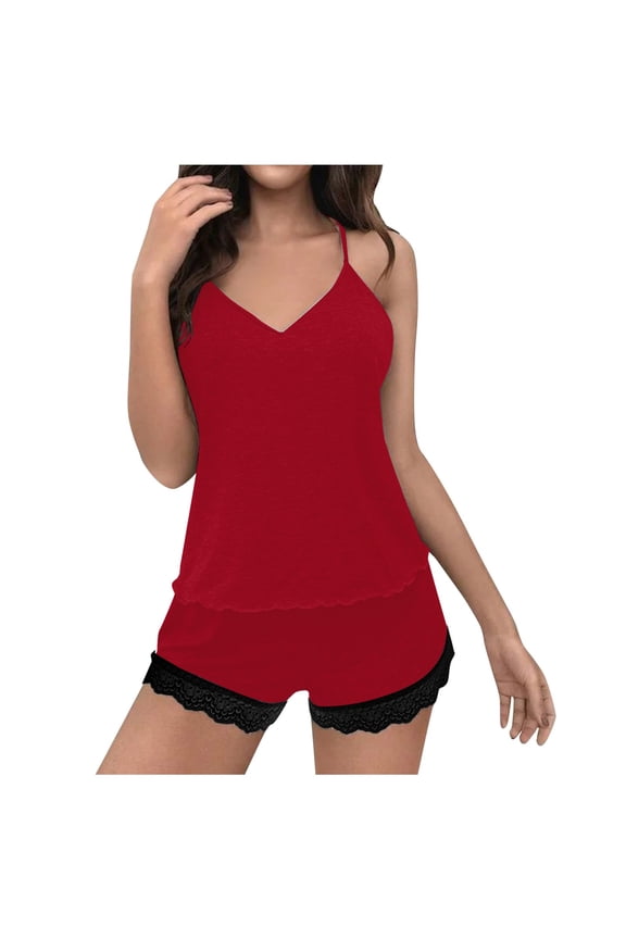 Nightwear Women's Lace V Neck Strap Pajama Sets Tops With Shorts 2 Piece Solid Color Sleepwear Combo Relaxed Fit Casual Home Loungewear