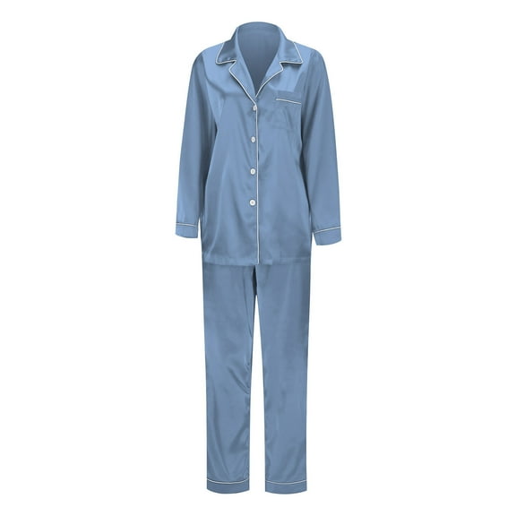 Hifoo Nightwear Womens Satin Silk Button Down Pajamas Sets Solid Color Two Piece Family Matching Sleepwear Casual Lapel Loungewear Long Sleeve Silk Nightwear Fashionable Homewear