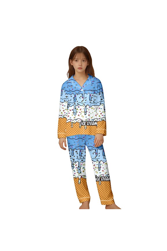 Outfit Sets Ice Cream Print Girls Soft Long Sleeve T-Shirts O-Neck Tops And Pants Cute Cartoon Sleep Kids Comfortable Night Toddler Children Leisure Clothes Sets