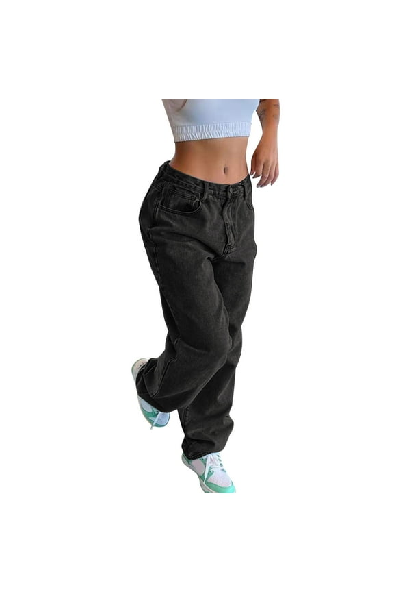 Pants Women Fashion Jeans Solid Color High Waist Straight Leg Wide Leg Jeans Trousers Leisure Slacks