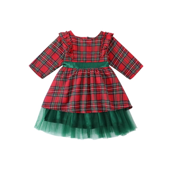 Hifoo Party Dress Girls Red Velvet Plaid Layered Gown With Bow Back Detail Festive Holiday Attire Toddler Kids Trendy Child Christmas Solid Color O-Neck Dresses