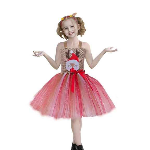 Hifoo Reindeer Girls Festive Animal Tutu Dress Stage Performance Party Holiday Celebration Apparel Holiday Kids Christmas Solid Color O-Neck Dresses