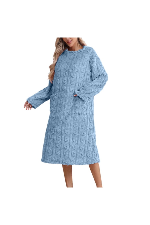 Sleepwear Women Long Gown Coral Bathrobe Solid Color Long Sleeve Thickened Knee Length Home Wear Boho Casual O-Neck Loungewear