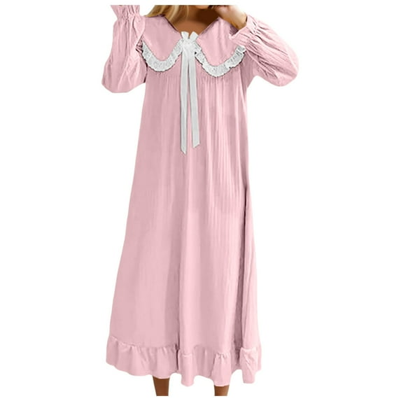 Hifoo Solid Color Sleepwear Long Satin Nightgowns With Long Sleeves For Women With Bow Lace Trim Wrist Neck Vintage Style For Knee Rest Home Solid Color Sleepwear Holiday Casual Loungewear