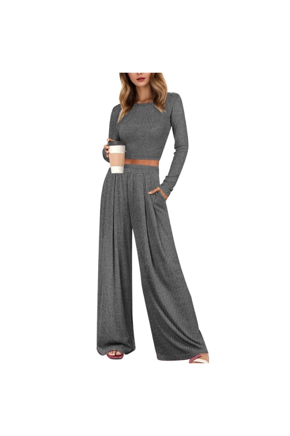 Solid Color Sleepwear Two Piece Pjs Sets For Women Long Sleeve Crop Tops Wide Leg Pants Matching Sets Tracksuits Classic Casual Home O-Neck Loungewear