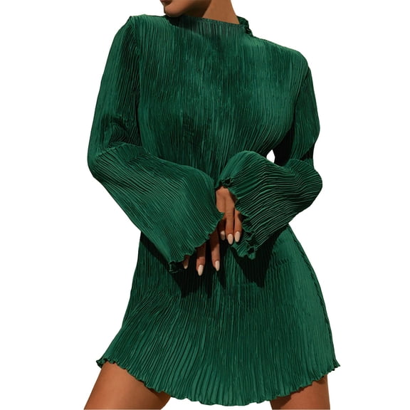 Hifoo Solid Color Sleepwear Women Long Sleeve Velvet Dress Crew Neck Slim Fit Short Ruched Bodycon Party Club Mini Dresses Versatile Casual Home Loungewear