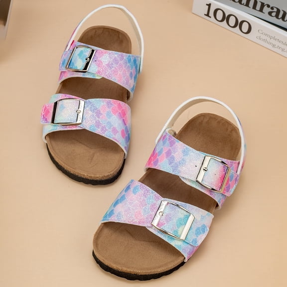 Hifoo Summer Girls Large Sized Casual Two Way Wear Flip Flops With Double Buckles And Adjustable Design Resembling Fish Scales Soft Wood With Bocken Trendy Style Cozy Kids Footwear Shoes