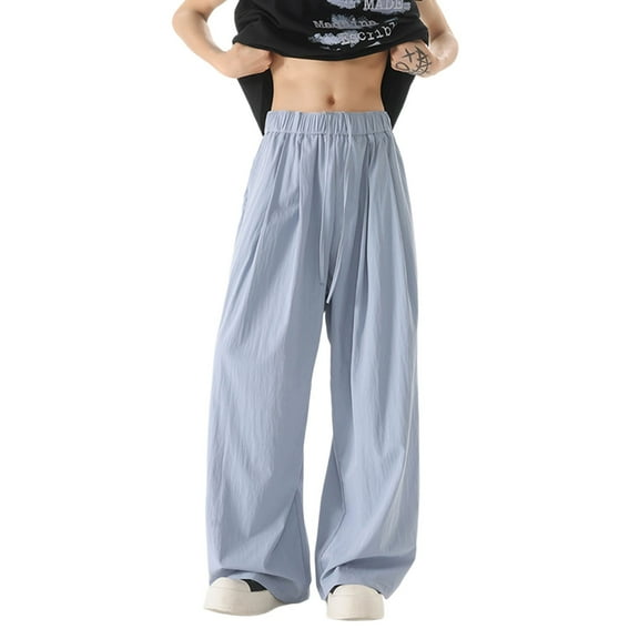 Hifoo Summer New Men's Ice Silk Imitation Inen Drape Casual Straight Pants Wide Leg Mopping Pants Joggers Trousers Slacks Solid Color Streetwear Trendy