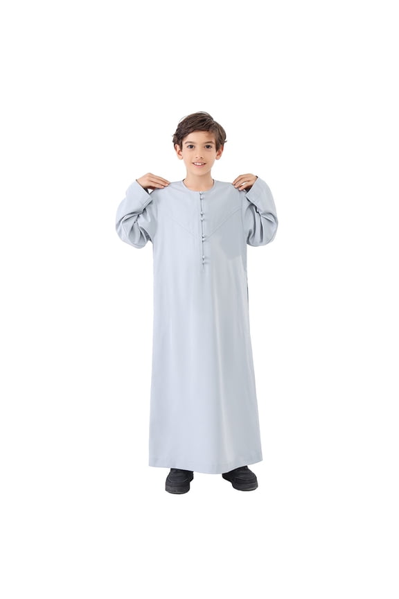 Toddler Arabic Thobe Thobe Kaftan Crew Robe National Teenage Boys Long Sleeve Embroidered Robe Set Arab Children Wear Robe Light Gray 7-8 Years