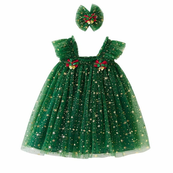 Hifoo Toddler Girls Fly Sleeve Christmas Dress Santa Xmas O-Neck Holiday Dance A-Line Party Dresses Headbands Set Lovely Kids Sundress