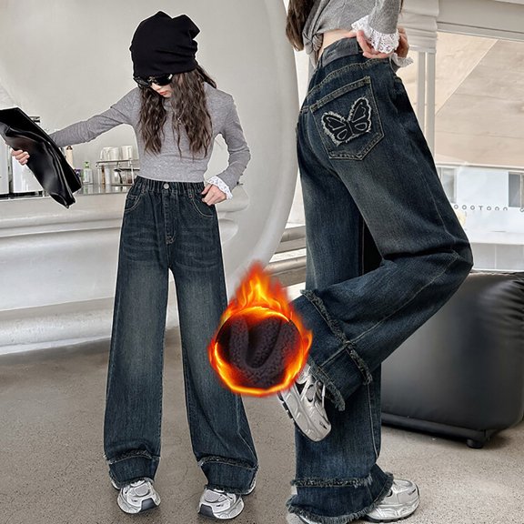 Hifoo Winter Warm Baggy Jeans Girls Wide Leg Elastic Waist And Multiple Pockets Fuzzy Cargo Trousers Jeans Denim Pants For Children Trendy Kids Slacks