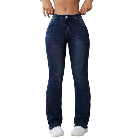 Hifoo Women Casual Flared Denim Pants With Stretch Soft Plush Winter Trousers Comfortable Mid Rise Bootcut Design Everyday Wear Versatile Trousers Solid Color Joggers Daily Slacks Versatile