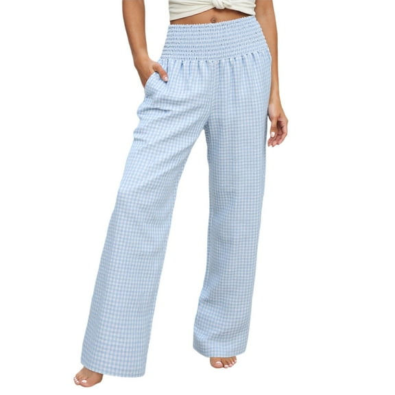 Hifoo Women Casual Trousers High Stretch Elastic Waist Comfortable Loose Fit Straight Leg Plaid Pattern Long Pants Everyday Elegant Trousers Solid Color Joggers Daily Slacks Trendy
