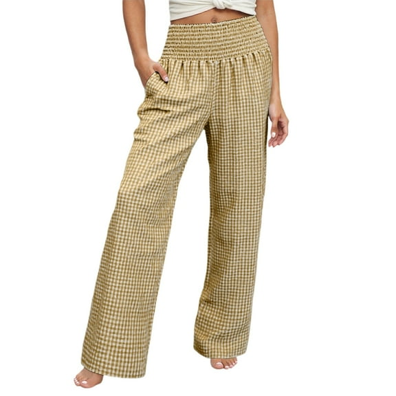 Hifoo Women Casual Trousers High Stretch Elastic Waist Comfortable Loose Fit Straight Leg Plaid Pattern Long Pants Everyday Elegant Trousers Solid Color Joggers Daily Slacks Cozy