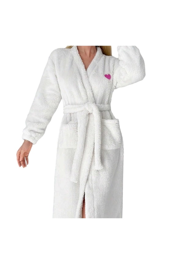 Women Elegant Long Sleeve Belted Sleep Robe For Cozy Flannel Design With Stylish Heart Collar For Autumn Winter Boho Solid Color Sleepwear