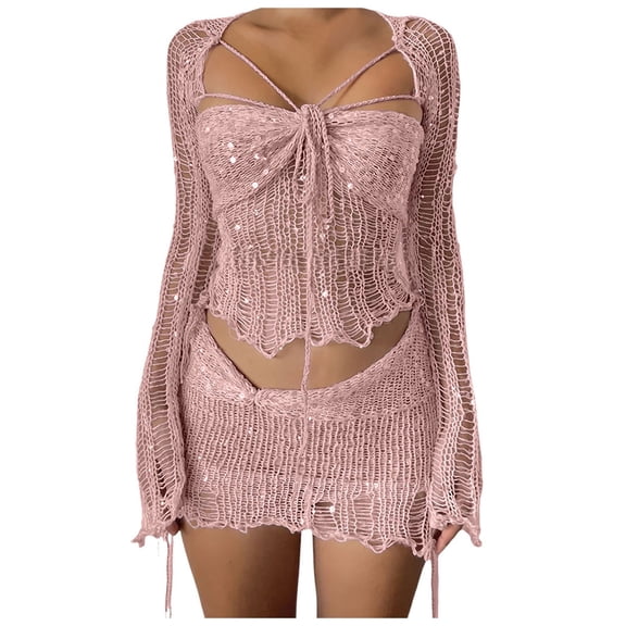 Hifoo Women Fashion Sexy Hollow Sequins Bandage Tube Tops One Dress And Multiple Dresses Dress Sets Solid Color Stylish Female Outfits Sets