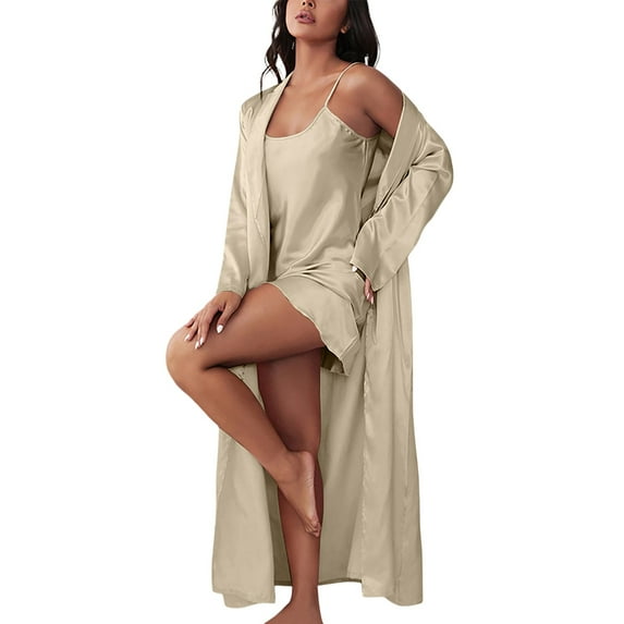 Hifoo Women Fashionable Robe And Nightgown Two Piece Comfortable Casual O-Neck Loungewear For Stylish Home Attire Classic Solid Color Sleepwear