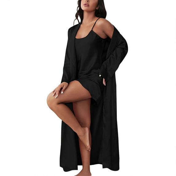 Hifoo Women Fashionable Robe And Nightgown Two Piece Comfortable Casual O-Neck Loungewear For Stylish Home Attire Comfort Solid Color Sleepwear
